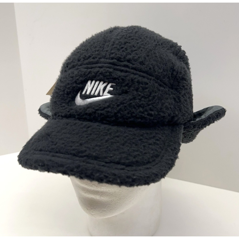 NIKE Kid's OSFM Fly Cap Sherpa Hat Unstructured Fleece Ear Flaps Cap Black NWT